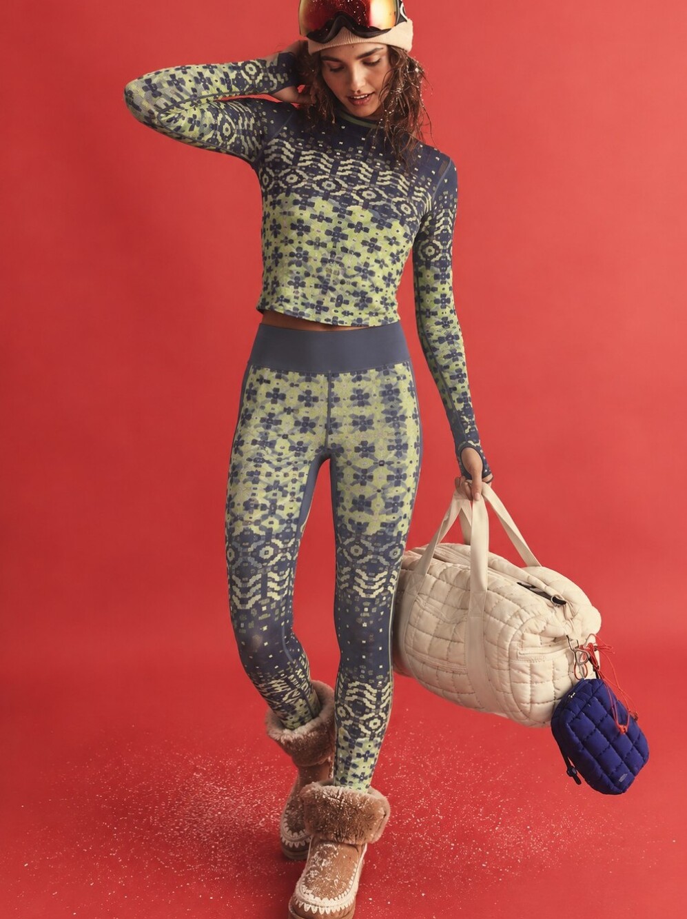 FREE PEOPLE Myoko Jacquard Base Layer Legging in Oxford blue Combo $128